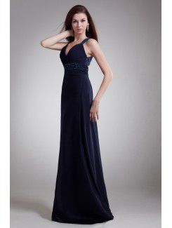 Chiffon Straps Floor Length Sheath Embroidered Prom Dress