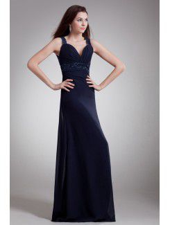 Chiffon Straps Floor Length Sheath Embroidered Prom Dress