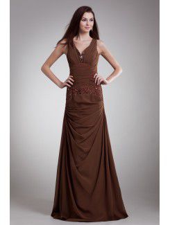 Chiffon V-Neck Floor Length Column Embroidered Prom Dress