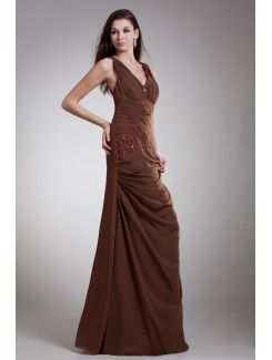 Chiffon V-Neck Floor Length Column Embroidered Prom Dress