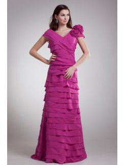 Chiffon V-Neck Floor Length Column Hand-made Flower Prom Dress