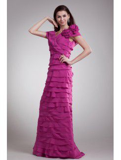 Chiffon V-Neck Floor Length Column Hand-made Flower Prom Dress