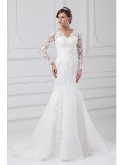 Organza scollo a v sweep treno guaina abito da sposa illusione