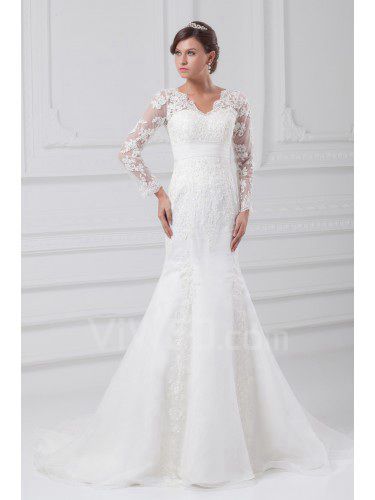 Organza V-Neck Sweep Train Sheath Illusion Wedding Dress