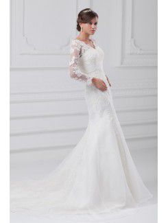 Organza V-Neck Sweep Train Sheath Illusion Wedding Dress