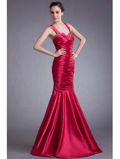 Satin Straps Sweep Train Mermaid Embroidered Prom Dress