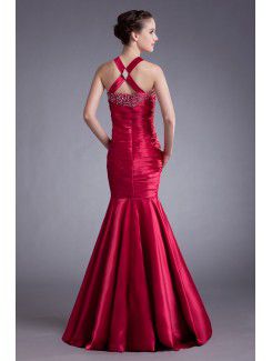 Satin Straps Sweep Train Mermaid Embroidered Prom Dress