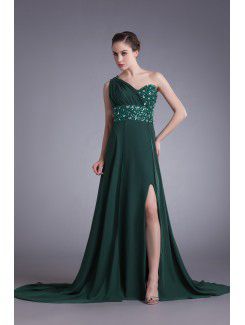 Chiffon Asymmetrical Sweep Train Column Embroidered Prom Dress