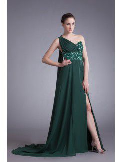 Chiffon Asymmetrical Sweep Train Column Embroidered Prom Dress