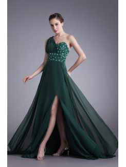 Chiffon Asymmetrical Sweep Train Column Embroidered Prom Dress