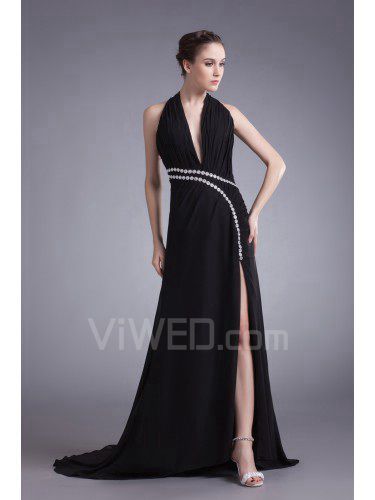 Chiffon Halter Sweep Train Column Sequins Prom Dress