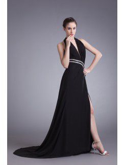 Chiffon Halter Sweep Train Column Sequins Prom Dress