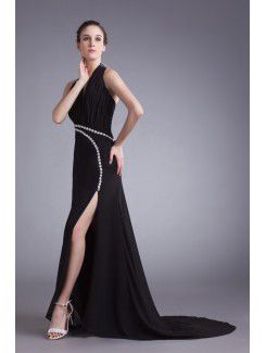 Chiffon Halter Sweep Train Column Sequins Prom Dress