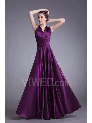 Satin V-Neck Floor Length A-line Prom Dress