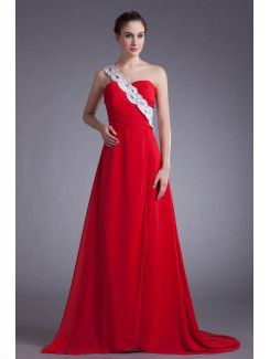 Chiffon One-Shoulder Sweep Train A-line Embroidered Prom Dress