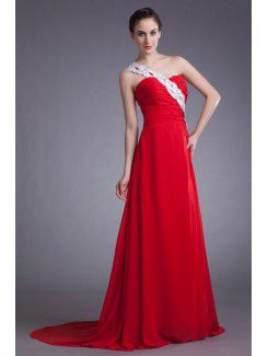 Chiffon One-Shoulder Sweep Train A-line Embroidered Prom Dress