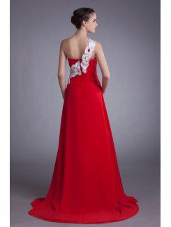 Chiffon One-Shoulder Sweep Train A-line Embroidered Prom Dress