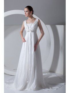 Taffeta Square Chapel Train Column Wedding Dress