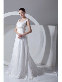 Taffeta Square Chapel Train Column Wedding Dress