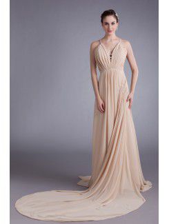 Chiffon Spaghetti Chapel Train Column Prom Dress