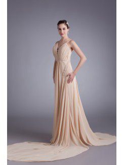 Chiffon Spaghetti Chapel Train Column Prom Dress