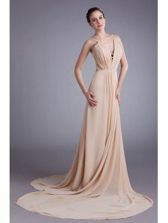 Chiffon Spaghetti Chapel Train Column Prom Dress