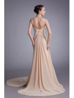 Chiffon Spaghetti Chapel Train Column Prom Dress