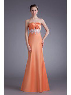 Satin Strapless Floor Length Sheath Embroidered Prom Dress