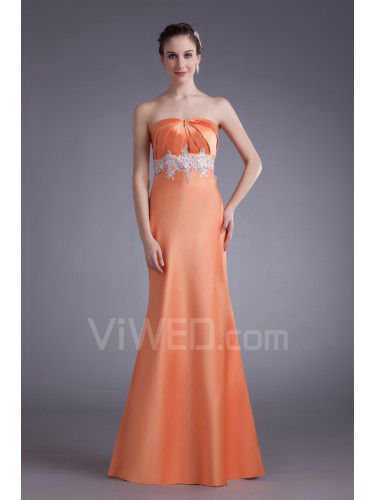 Satin Strapless Floor Length Sheath Embroidered Prom Dress