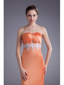 Satin Strapless Floor Length Sheath Embroidered Prom Dress