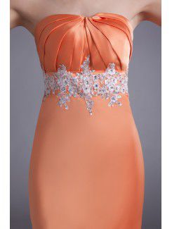 Satin Strapless Floor Length Sheath Embroidered Prom Dress