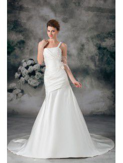 Satin One-Shoulder Sweep Train Sheath Feather Wedding Dress