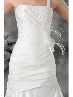 Satin One-Shoulder Sweep Train Sheath Feather Wedding Dress