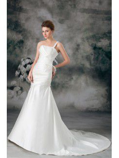 Satin One-Shoulder Sweep Train Sheath Feather Wedding Dress