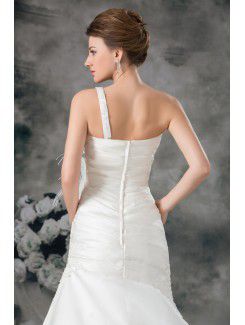 Satin One-Shoulder Sweep Train Sheath Feather Wedding Dress