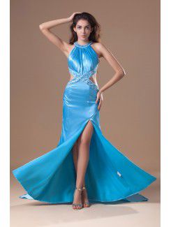 Satin bijou train chapelle colonne robe de bal brodées