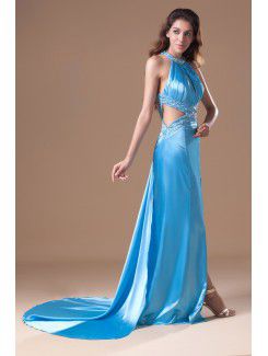 Satin Jewel Chapel Train Column Embroidered Prom Dress