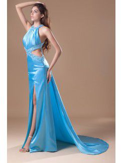 Satin Jewel Chapel Train Column Embroidered Prom Dress