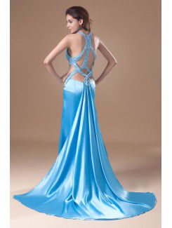 Satin Jewel Chapel Train Column Embroidered Prom Dress