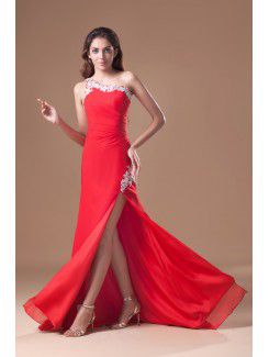 Chiffon One-Shoulder Floor Length Sheath Embroidered Prom Dress