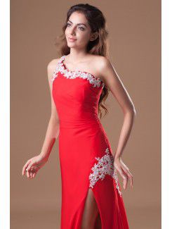 Chiffon One-Shoulder Floor Length Sheath Embroidered Prom Dress