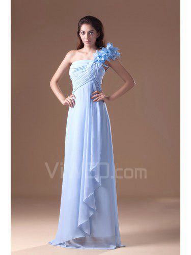 Chiffon One-Shoulder Floor Length Column Hand-made Flowers Prom Dress