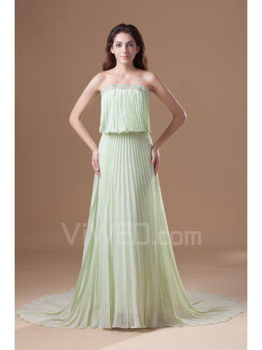 Chiffon Strapless Sweep Train Column Embroidered Prom Dress