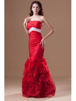 Organza Strapless Sweep Train Sheath Directionally Ruched Prom Dress