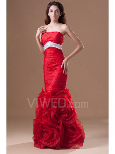 Organza Strapless Sweep Train Sheath Directionally Ruched Prom Dress