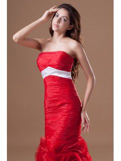 Organza Strapless Sweep Train Sheath Directionally Ruched Prom Dress