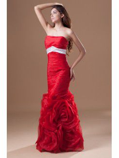 Organza Strapless Sweep Train Sheath Directionally Ruched Prom Dress