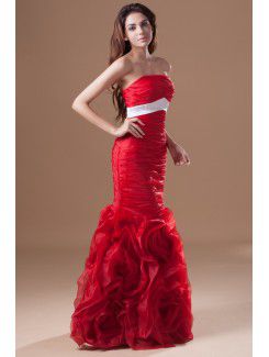 Organza Strapless Sweep Train Sheath Directionally Ruched Prom Dress