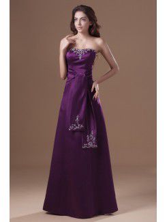 Satin Strapless Floor Length A-line Embroidered Prom Dress