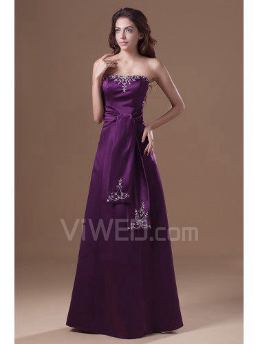 Satin Strapless Floor Length A-line Embroidered Prom Dress